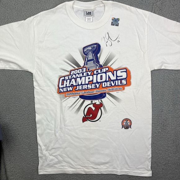 VTG New jersey Devils T-Shirt Stanley Cup Champions White Lee Sports Signed Sz M - Picture 1 of 13